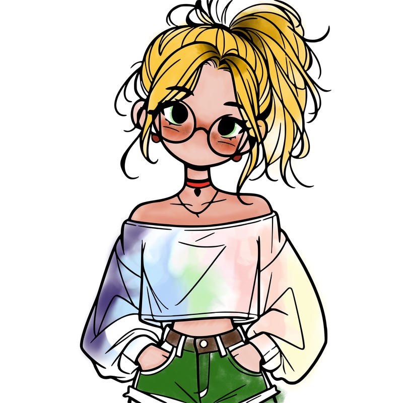 girl with a messy ponytail glasses a baggy crop top and jean shorts