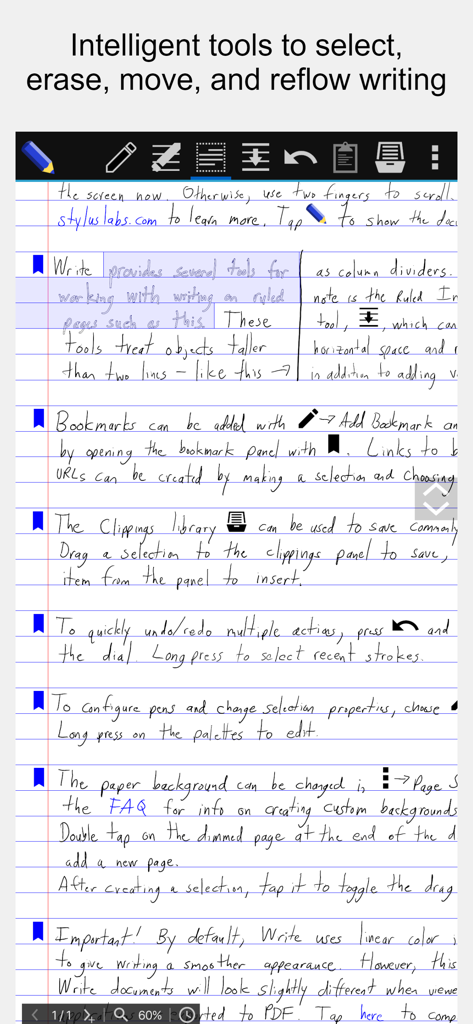 Stylus Labs Write Pro - Handwritten notes in Stylus Labs Write Pro showing the toolbar and reflow editing tools