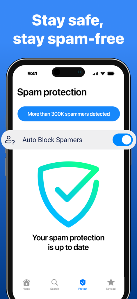 ViewCaller: Caller ID - Interface do aplicativo ViewCaller mostrando proteção ativa contra spam e o recurso de bloqueio automático de spammers.