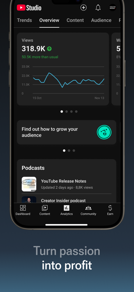 YouTube Studio mobile app interface showing channel overview analytics with a view count graph and a podcast section