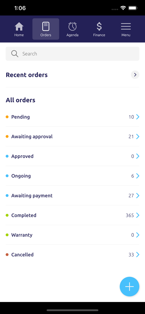 Agenda Boa - Agenda Boa app dashboard showing service orders categorized by status such as pending ongoing and completed