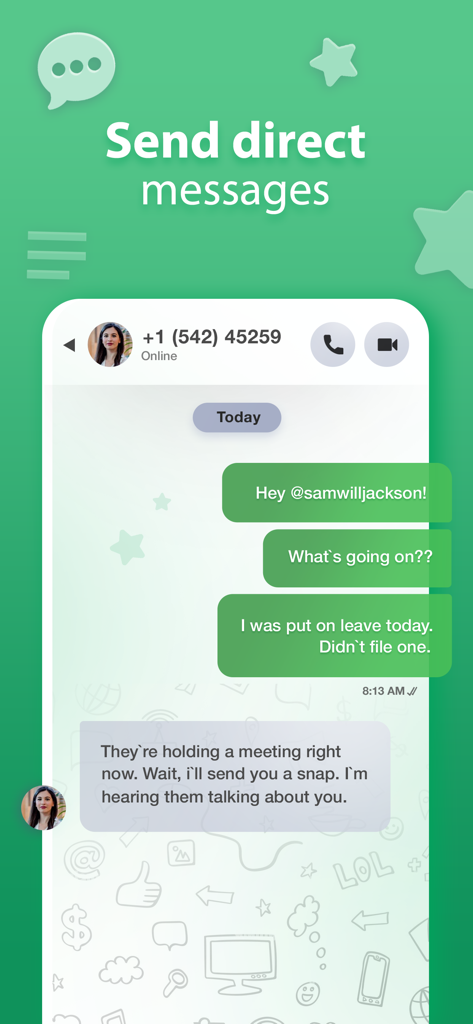 GB What+ : Dual Messenger chat - GB What plusアプリのインターフェース。ダイレクトメッセージのチャット画面が表示されています。