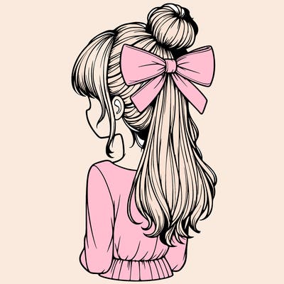 realistic girl  with hip length hair a bun and a big bow on the back of head
