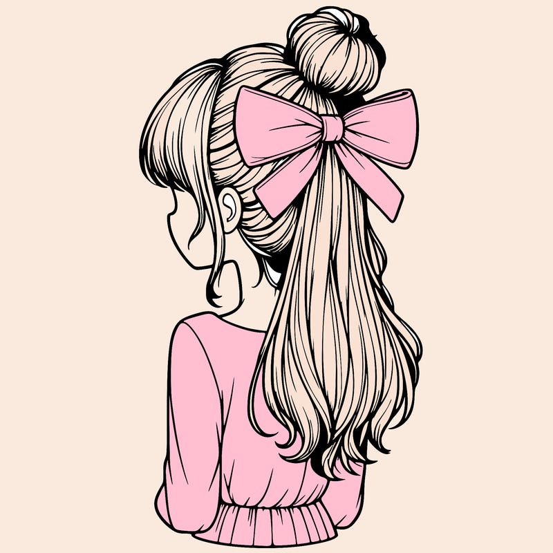 realistic girl  with hip length hair a bun and a big bow on the back of head