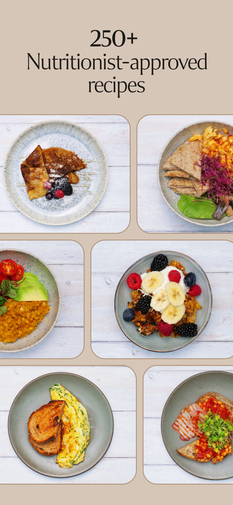 Un collage que muestra una variedad de recetas saludables aprobadas por nutricionistas, incluyendo tazones de frutas, tostadas de aguacate y tortillas de la aplicación WeRise.