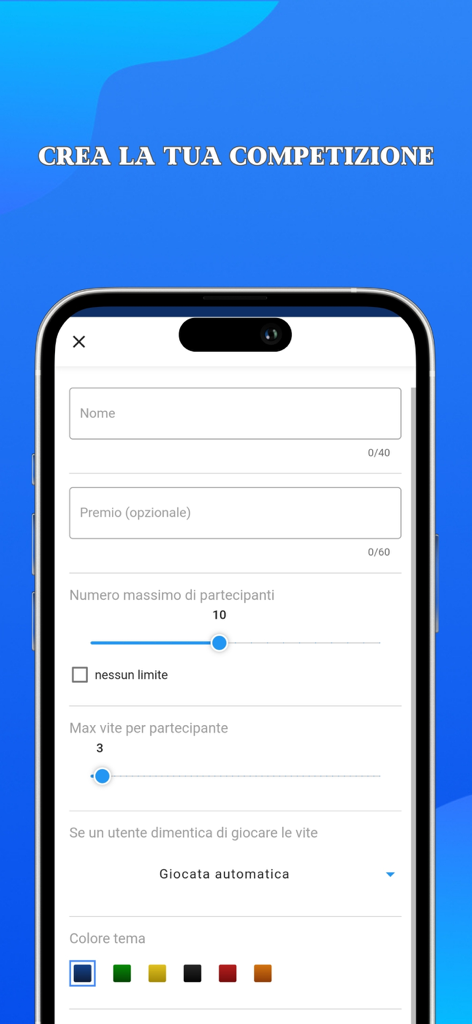 Skillbol - Skillbol mobile app interface for setting up a custom sports competition with options for names prizes and participant limits