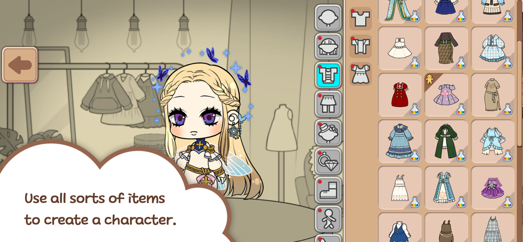 Character Life: Anime Dress up - Oberfläche von Character Life, die ein blondes Anime-Mädchen und ein Menü mit verschiedenen Outfit-Optionen zeigt