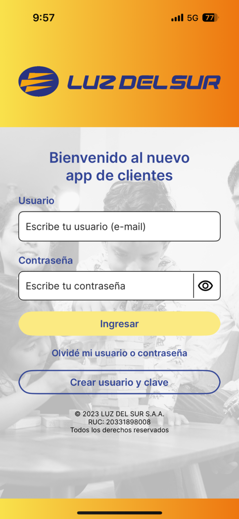 Luz del Sur - Pantalla de inicio de sesión de la aplicación móvil Luz del Sur que muestra los campos de usuario y contraseña