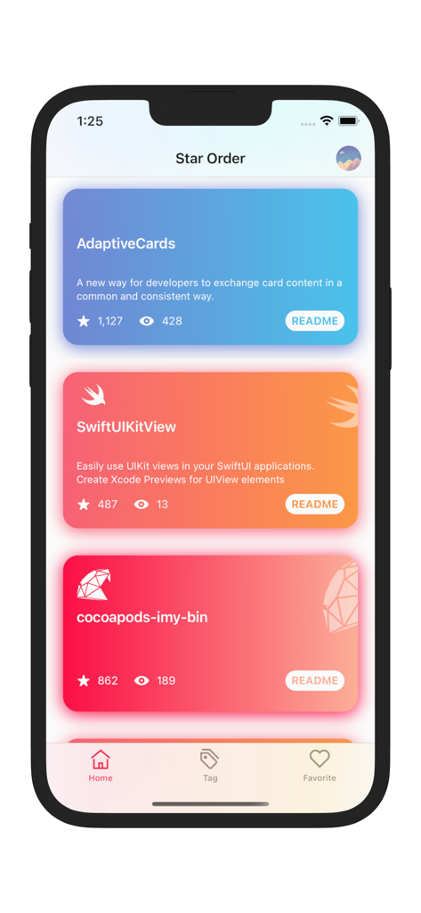 StarOrder-GitHub star tool - The StarOrder app home screen displaying starred GitHub repositories organized into colorful cards with star counts and descriptions.