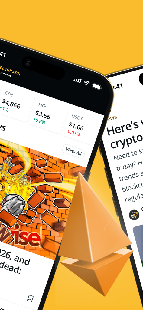 Aplicación móvil Cointelegraph que muestra precios de criptomonedas en tiempo real y artículos de noticias con un ícono de Ethereum en 3D.