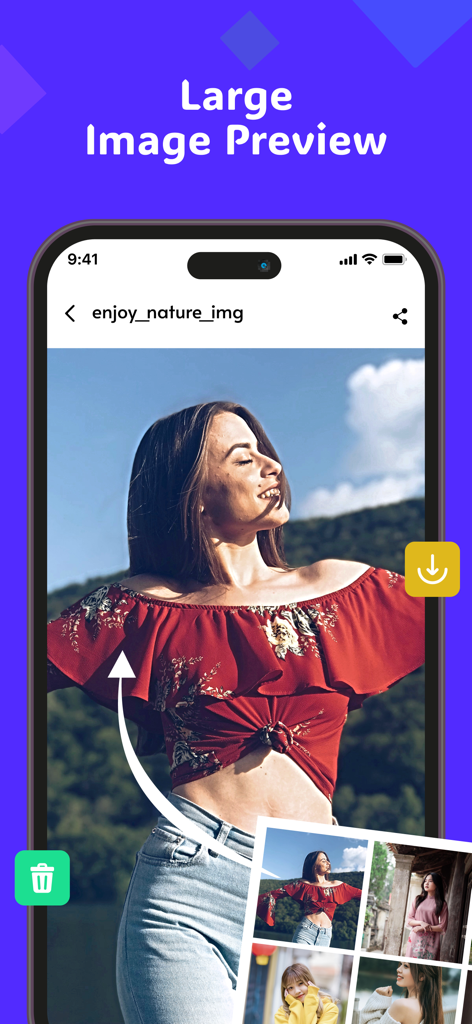 Deleted Photo Recovery. - A smartphone showing a large image preview feature within the Deleted Photo Recovery app.