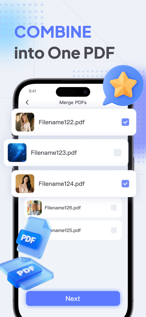 Smartphone screen showing the Smart PDF app feature to combine multiple files into one PDF