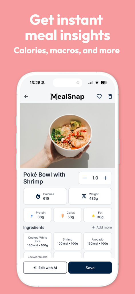 MealSnap: Plan & Track Meals - Captura de pantalla de la aplicación MealSnap que muestra el análisis de calorías y macros por IA para un poke bowl de camarones.