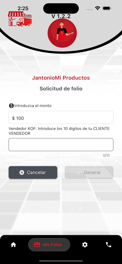 Mi Tiendita Juntos - Formulario para solicitar un folio de transacción con monto e ID de vendedor en la aplicación Mi Tiendita Juntos.