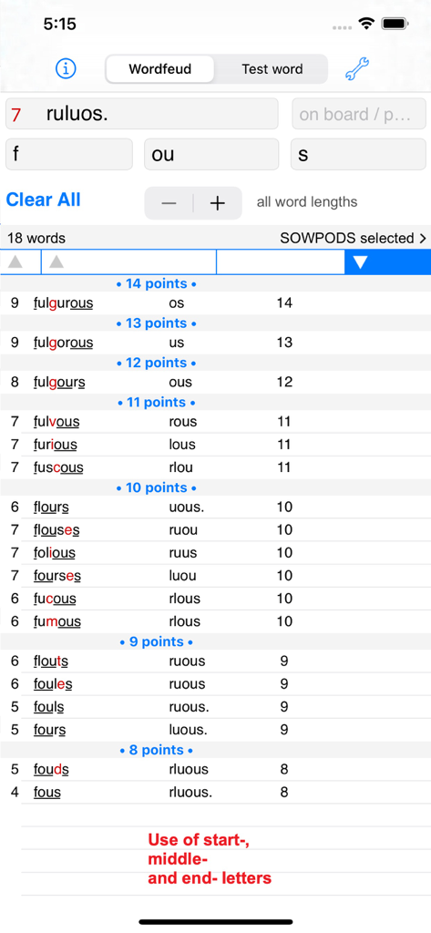 Words Finder Wordfeud/SOWPODS - Words Finder app results list showing high scoring words sorted by points