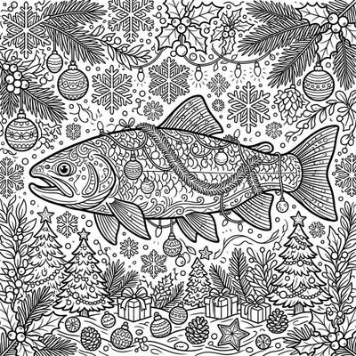 Dive into the festive season with a splash of unique holiday cheer! This delightful coloring page showcases a grand trout, whimsically adorned with Christmas decorations and surrounded by winter's most magical symbols.