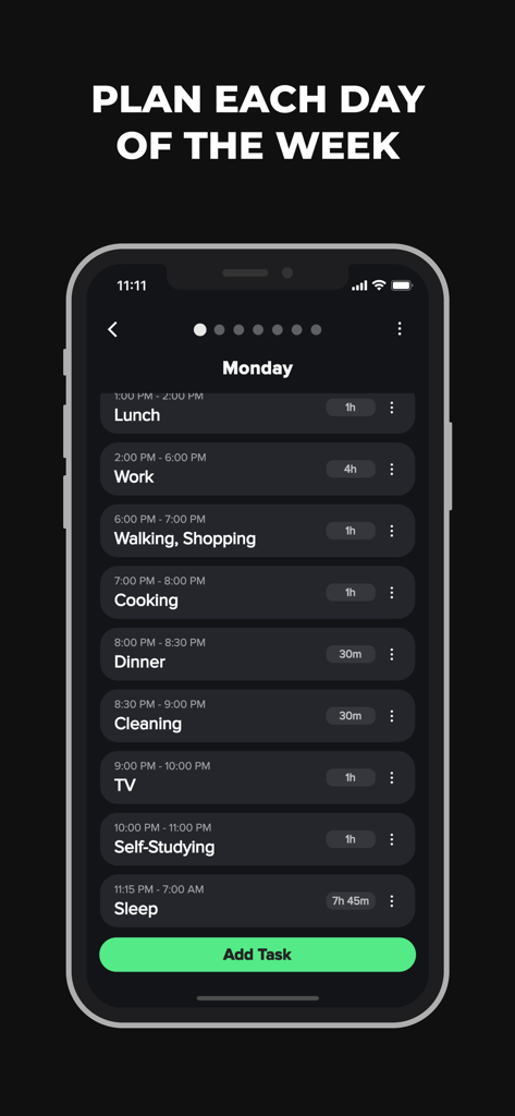 Daily Routine Planner App - Daily Routine Planner app interface in dark mode showing a time-blocked schedule for Monday with tasks like work cooking and self-studying