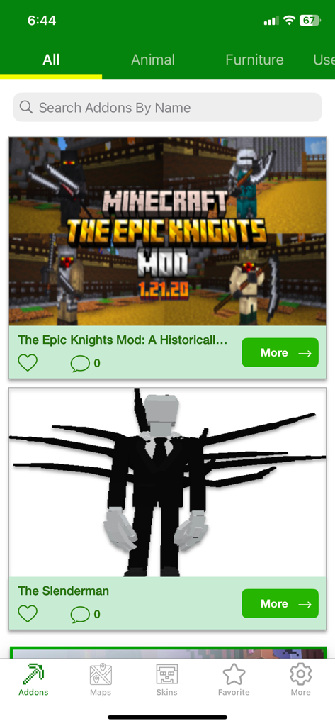 Addons, Skinseed For Minecraft - App interface for Minecraft addons showing mod options like Epic Knights and Slenderman