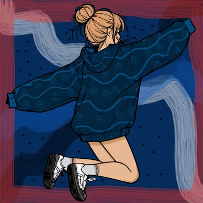 realistic girl jumping with a bun and oversized sweatshirt