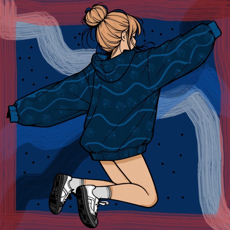 realistic girl jumping with a bun and oversized sweatshirt