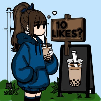 girl with oversized hoodie drinking boba and she has a high ponytail with a sign that says 10likes?