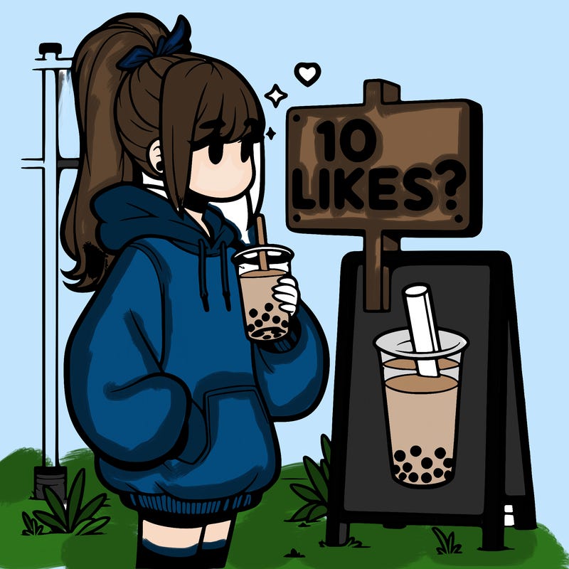 girl with oversized hoodie drinking boba and she has a high ponytail with a sign that says 10likes?