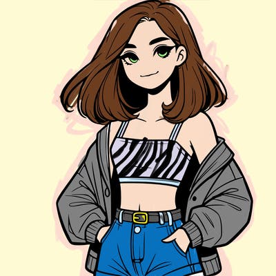 a realistic girl with a crop top and short shorts in an open jacket