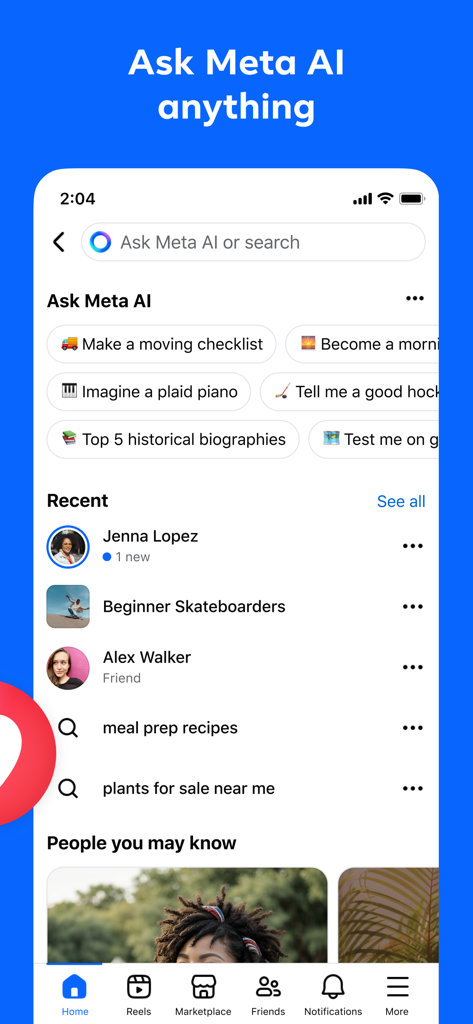 Una captura de pantalla móvil de la aplicación Facebook con la herramienta de búsqueda Meta AI con varias sugerencias y actividades de búsqueda recientes