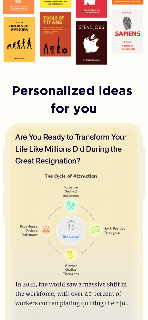 Book Summaries: Accelerated - Screenshot of the Book Summaries Accelerated app showing personalized book recommendations and personal development articles