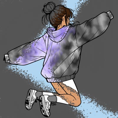 realistic girl jumping with a bun and oversized sweatshirt