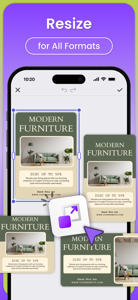 iPhone screen showing the Poster Maker app resizing a modern furniture advertisement for different social media and print formats