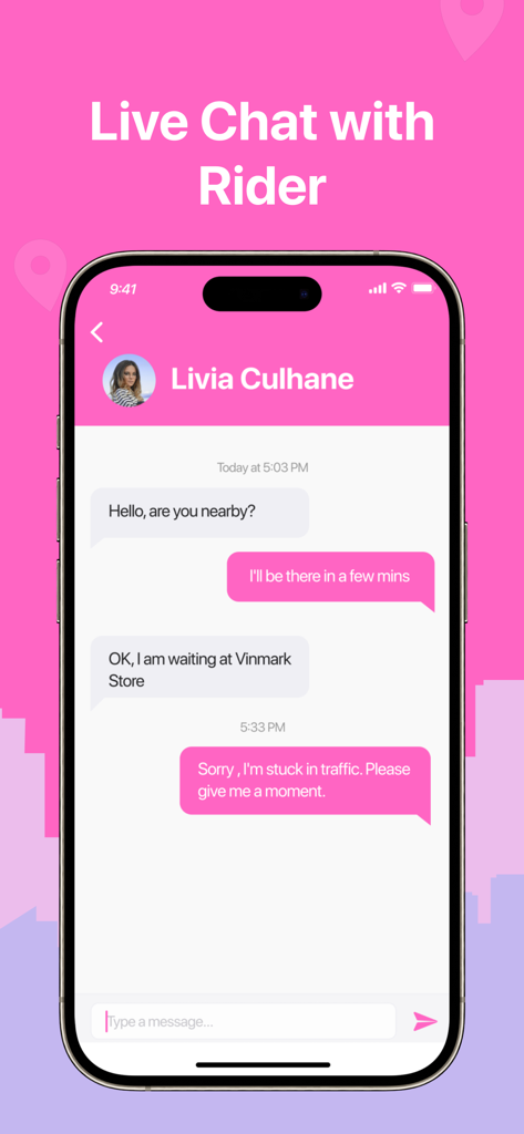 LadyGo Driver - A mobile screen showing the live chat feature in the LadyGo Driver app with a conversation between a driver and passenger.