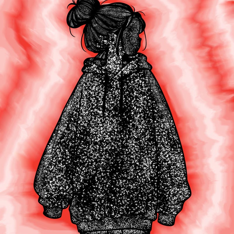 realistic girl with a oversized sweatshirt on and a bun