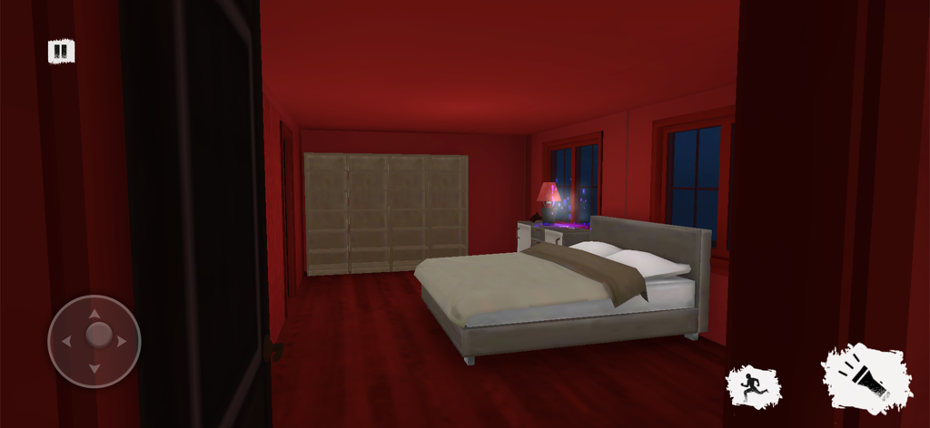 Nightmare Scary Neighbour Game - Captura de pantalla del juego de una habitación roja espeluznante con controles de juego en Nightmare Scary Neighbour Game