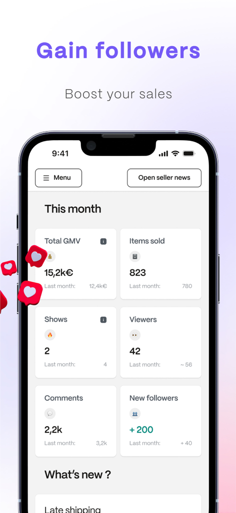 Voggt - Live shopping vidéo - 月間売上収益、販売アイテム、フォロワー増加の指標を表示するVoggtセラーダッシュボード。