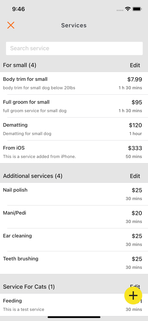 The Services screen of GrooMore app displaying grooming packages and additional service prices.