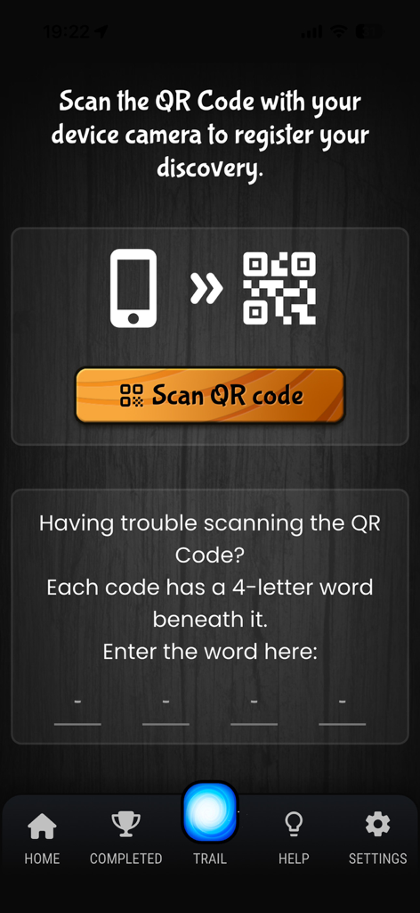 Storyteller Trails - Interface para escanear um código QR ou inserir manualmente um código de palavra para registrar uma descoberta
