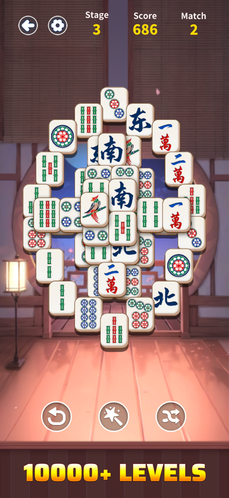 Mahjong Match: Puzzle Game - A mobile game screen of Mahjong Match showing big clear tiles and 10000 plus levels