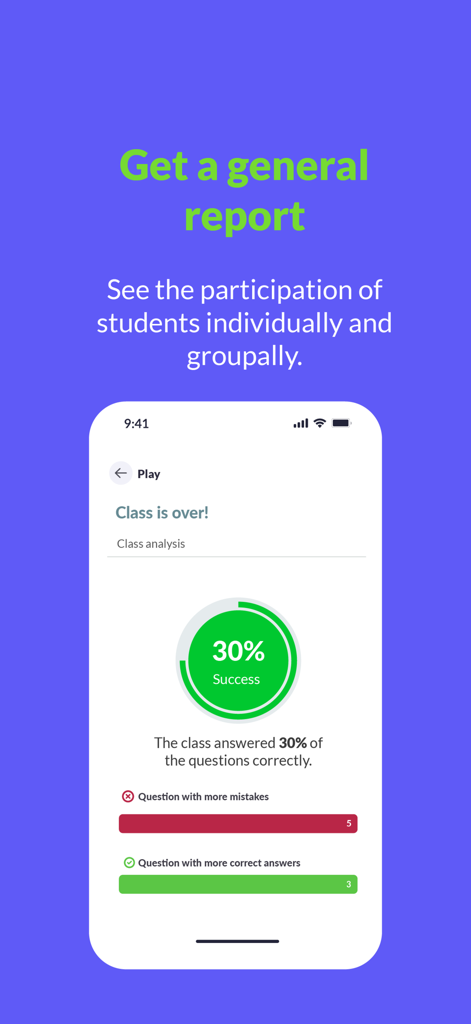 TOMi Digital - TOMi Digital mobile app screen showing a class performance report with student success percentages and participation data.