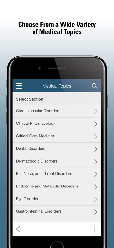 A screenshot of the MSD Manual Professional app showing a list of medical topics such as Cardiovascular Disorders and Clinical Pharmacology on a smartphone screen.