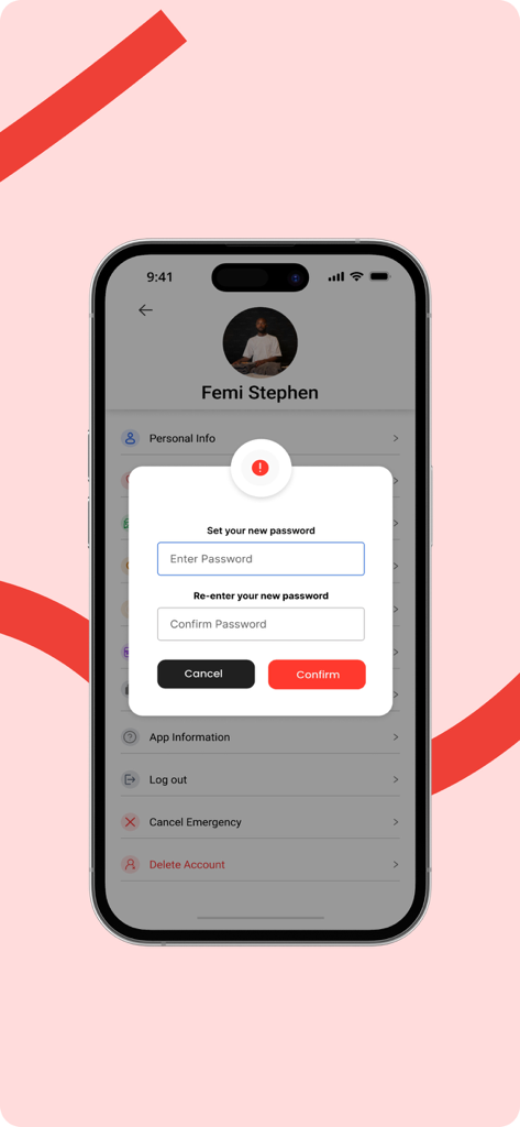 Rescuetap - A smartphone displaying the RescueTap app profile page with a pop-up dialog to set a new password.