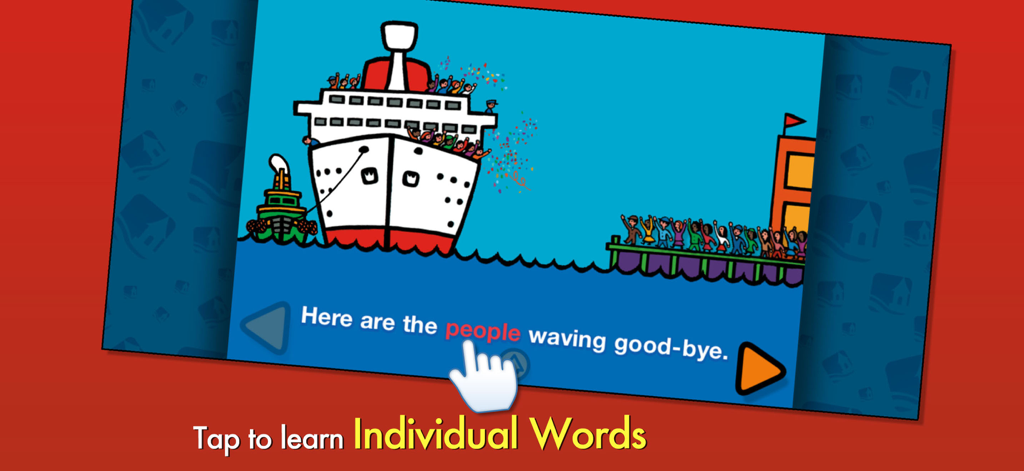 Byron Barton Collection app boat scene showing tappable words for early literacy