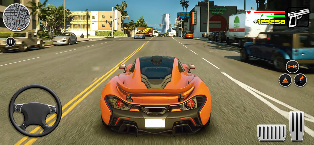 Car Driving Car Simulator Game - Third-person view of an orange sports car driving through a city street in a mobile racing simulator