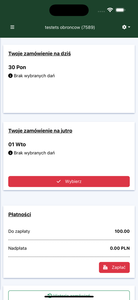 iKuchnia Mobile App Dashboard mit täglichem Essensbestellstatus und einer Zusammenfassung des Zahlungsbilanz.