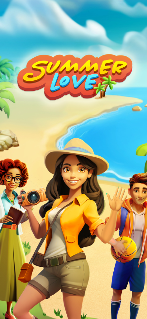 Summer Love: Merge & Story - Main characters posing on a beach under the Summer Love game logo