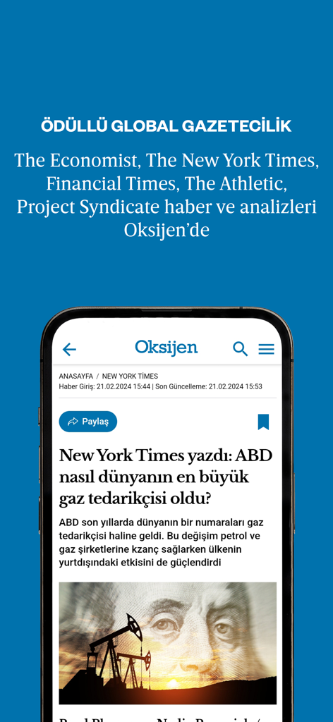 Oksijen Gazetesi - Mobile screen of Oksijen Gazetesi app showing a New York Times article in Turkish about global economy