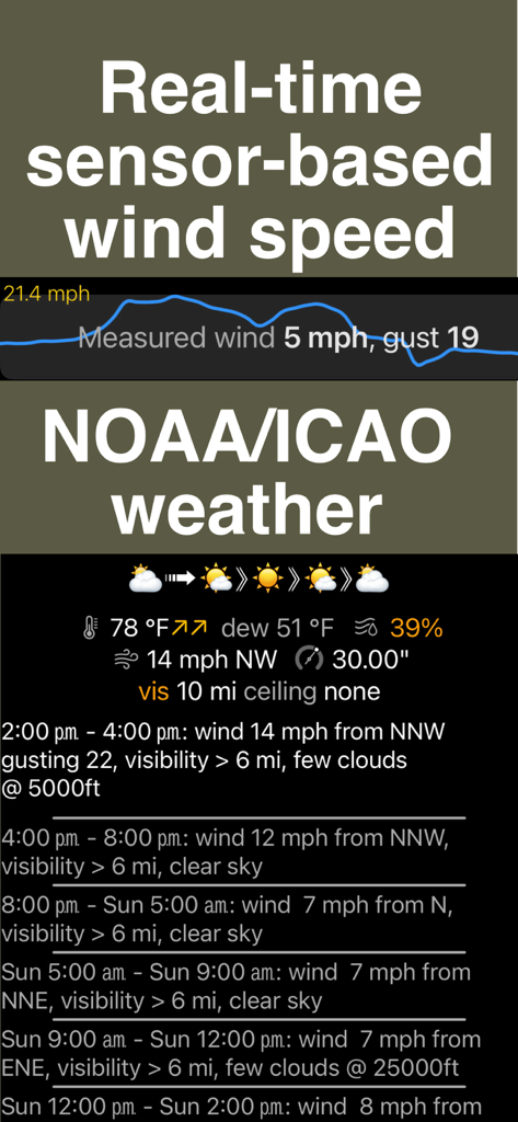 Altimeter & Barometer Pro - Real-time sensor-based wind speed graph and detailed NOAA ICAO weather forecast data display.
