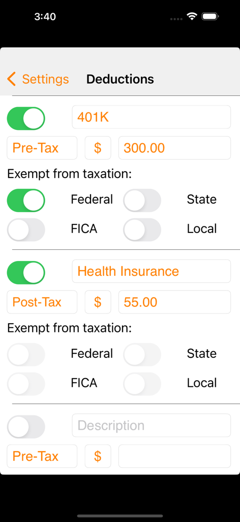 Tela de configuração de deduções no aplicativo Payrollguru mostrando configurações de impostos 401K e seguro de saúde.