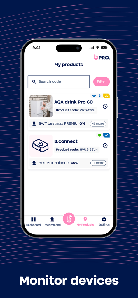 Interface do aplicativo BWT Best Water Professional exibindo uma lista de produtos de filtração de água conectados e suas porcentagens de vida útil do filtro