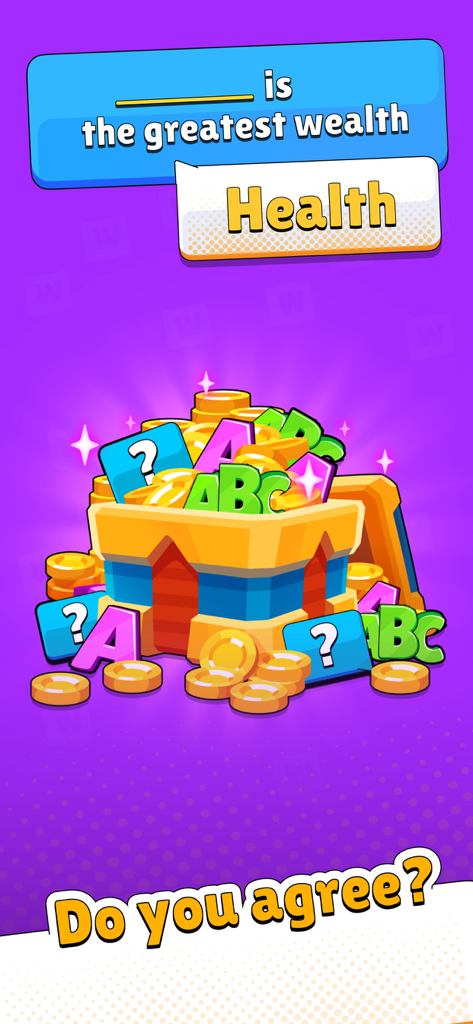Popular Words: Family Game - Schermata di puzzle di parole da Parole Popolari che mostra la frase La salute è la ricchezza più grande sopra uno scrigno del tesoro di monete e lettere.
